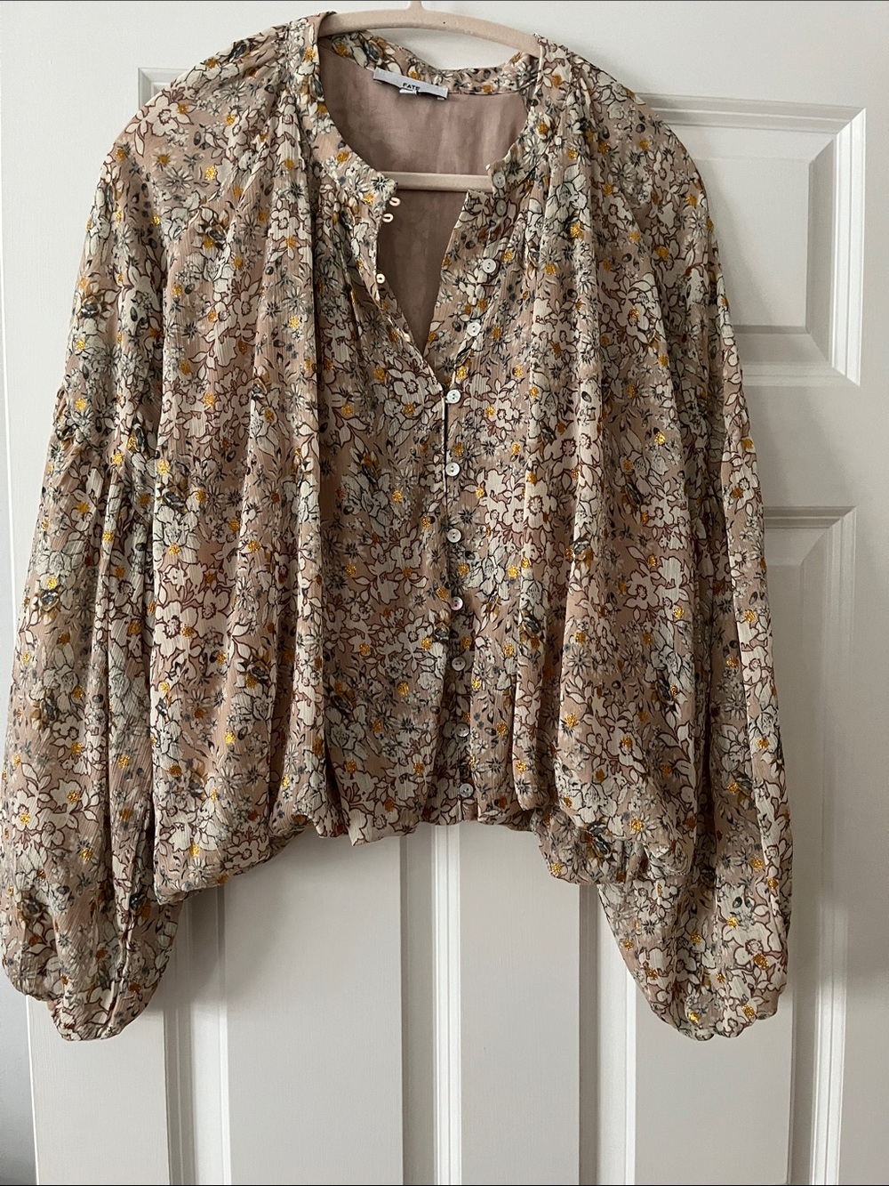 Fate Beige Floral Button-Front Blouse with Yellow Accents